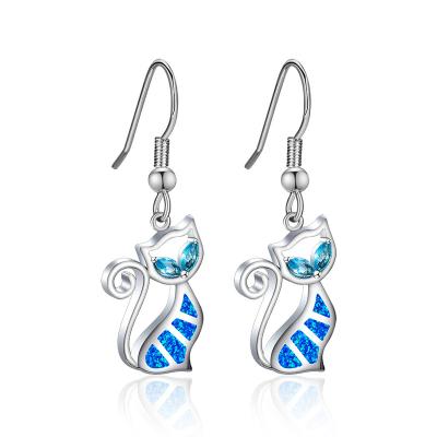 China Newest Australian CLASSIC Opal Jewelry Lady Girl Gift S925/Ocean Brass Cat Dangle Earrings Blue White Cute Hook Earrings Fashion Design for sale