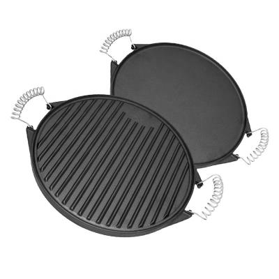 China Sustainable Factory Price Reversible Barbecue Cast Iron Round Griddle With Removable Cool-Touch Handles for sale