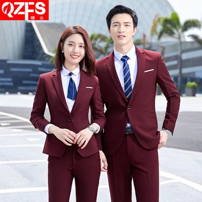 China Blue one buckle QUICK DRY men's and women's suit with the same style of professional wear business work wear ladies office suits terno for sale