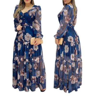 China Breathable 2022 New Arrival Fashion Chiffon Floral Dress Casual V Neck Mesh Print Maxi Dresses Women Elegant Long Dress for sale