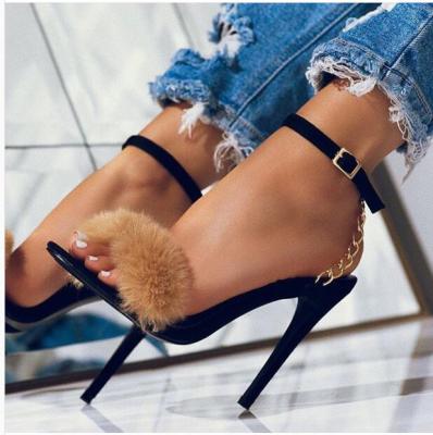 China Fashion Trend Fashion Open Toe Fur Shoes Chain Buckle Strap Women's Black Thin High Heels Sandals for sale