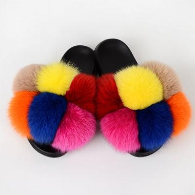 China CUSHIONING Customized Six Colors None Slip PVC Sole Balls Open Toe Real Fox Fur Women Slides Slippers for sale