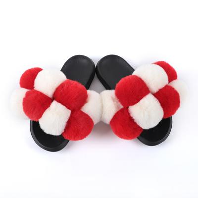 China CUSHIONING Furry Slipper Logo Fur Slides Custom Made Two Color Luxury Factory Supply Slides Pom Poms Sandals Faux Fur Slide for sale