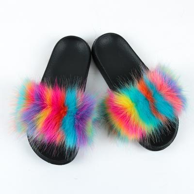 China CUSHIONING Custom Logo Color Plush Eva Sole Raccoon Fur Slippers Wholesale Fast Shipping Hairy Women's Furry Slides Inside for sale