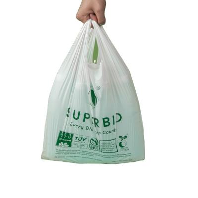 China 100% Biodegradable and Compostable PLA and PBAT 100% Compostable and Biodegradable T-Shirt Bags for Supermarket with Long Shelf Life for sale