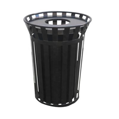 China Sustainable 38 Gallon Modern Household Recycle Metal Trash Can 50/80/100L Black Round Outdoor Public Street Trash Can for sale