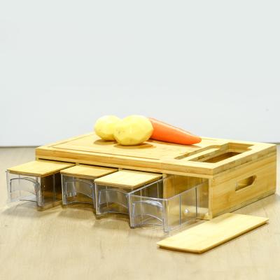 China Viable Multifunctional Natural Bamboo Cutting Board with Drawers and 4 Container Tray, Juice Grooves Bamboo Board for sale