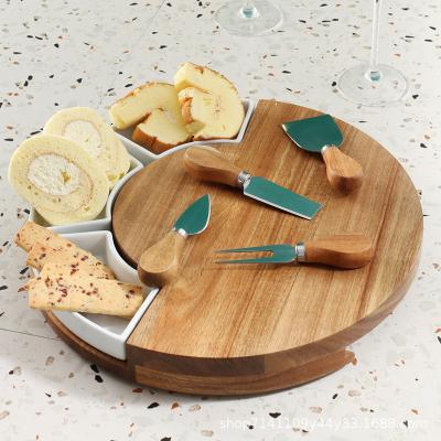 China Natural Sustainable Cooking Round Unique Bamboo Cheese Board With Knife for sale