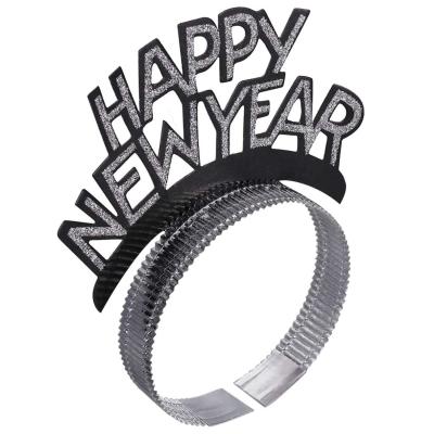 China 2022 HAPPY NEW YEAR Gifts Black Silver Gold Headband Tiara Aluminum Foil Tiara for sale