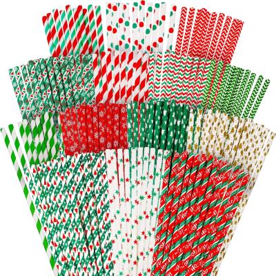 China Christams Christmas Party Decorations Supplies Biodegradable Drinking Straws Striped Dot Tree Pattern Christmas Paper Straws for sale