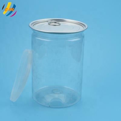 China Canned Food Clear Plastic Pet Can With Aluminum Lid For Food Packaging for sale