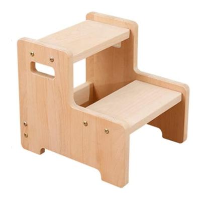 China Natural Color Toddler Kitchen Ladder Solid Wood Double Height Sturdy Kids Step Stool for sale