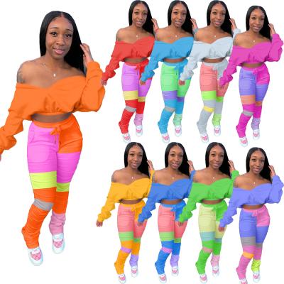 China Fashion Breathable Solid Crop Color Top Block Pleated Stacked Pants Autumn Casual Matching Women Sets Teams Two Piece Set Women Clothing for sale