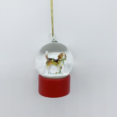 China Customized Global 45MM Mini Bull Dog Resin Snow Globe Ornament With Ribbon for sale