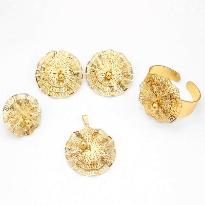 China Big Gold African American Ladies Ring Flower Pendant Jewelry Sets 18K 24K Bracelet Earrings New Fashion African Wedding TRENDY style for sale