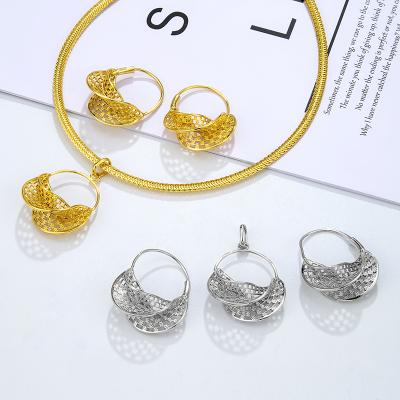 China Cheap Price TRENDY Dubai Rose Flower Shaped Brass Gold 24K Gold Plated Earring Necklace Copper Jewelry Set for sale