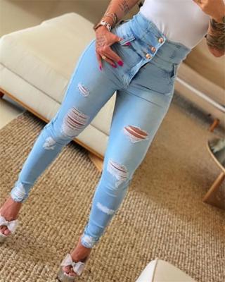 China Breathable High Waist Button Jeans Ripped Jeans Womens Pants for sale