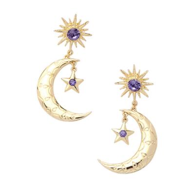 China Hiphop Crystal Moon Star Pendant Earrings Creative Exaggerated Trendy Gold Plated For Women Girls for sale