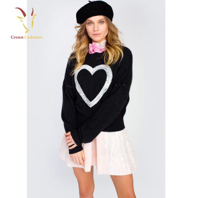 China Anti-pilling Knit Wool Cashmere Sweater Women Black Sweater With White Heart for sale