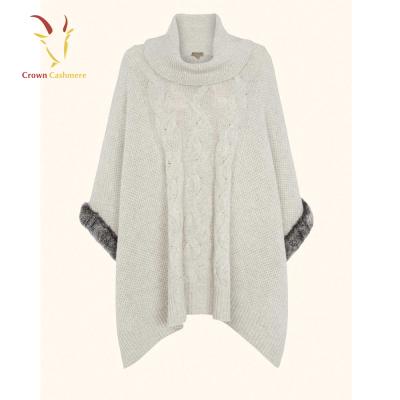 China Cashmere Fashion Women's Turtle Neck Cable Knitted Cashmere Poncho With Fur for sale