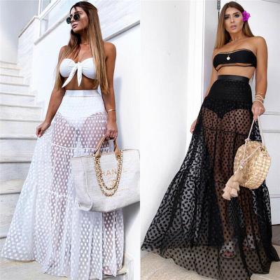 China 2021 Women Anti-UV Maxi Skirt See Through Polka Dot Pleated Retro Swimsuit Summer Swimwear Bikini Cover Up Elastic Waist Bathing Skirts for sale