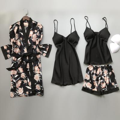 China Spring QUICK DRY Autumn Women Silk Pajamas Sets with Chest Padded Flower Print Pijama Sleepwear 4 Piece Spaghetti Strap Satin Pajamas for sale