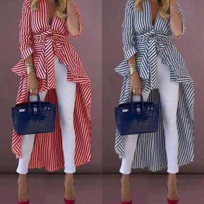 China Lady 2021 Breathable High Street Women Stripe Shirts Long Sleeve Tops Loose Women's Blouses Striped Edge Shirt With Belt Long Shirt Dress for sale