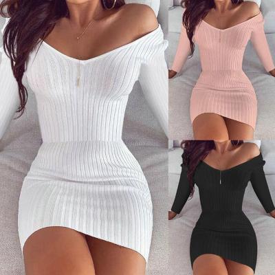 China 2021 Casual Sweater Long Sleeve Knit Dress Shirts Ribbed Crop Top Skirt Sets Suits Women Winter Spring Autumn Sweat Off Shoulder for sale