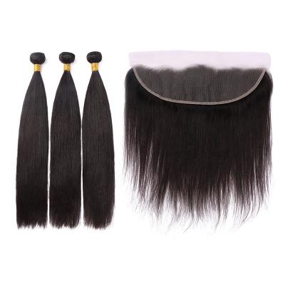 China 100% Curly Curly Hair Hot Selling Unprocessed Hair Bundle Set With Closure Straight 3 Wave Hair Weave With 5*5 Transparent Closure for sale