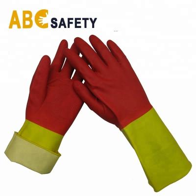 China EN388 2121X Washing Household Red And Yellow Latex Color Long Cuff Gloves for sale