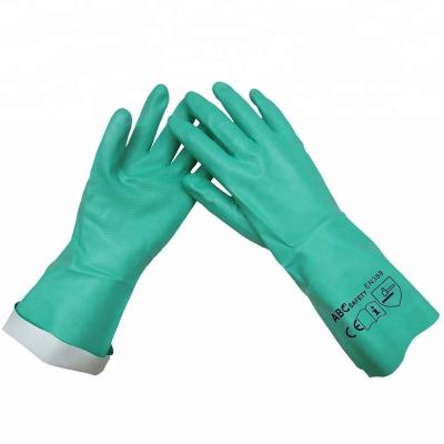 China 32CM Chemical Resistant Length Cheap Green Nitrilo Nitrilo Dip Flocked Industrial Gloves EN388 4101 EN374-2 for sale