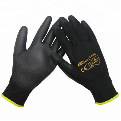 China Flexible EN388 PU CE 3141 3141 LUVAS DE TRABALHO EM, Black Polyester Gloves With Black PU Palm Coated for sale