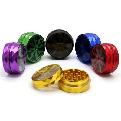 China New Design Aluminum Alloy Portable Diamond Grinder 50mm 2parts Instant Lightning With Window Aluminum Herb Grinders for sale