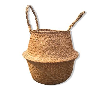 China Portable Folding Handmade Woven Pot Straw Basket Vegetable Plankton Handmade Basket Plant Belly Flower Basket Storage With Handles for sale