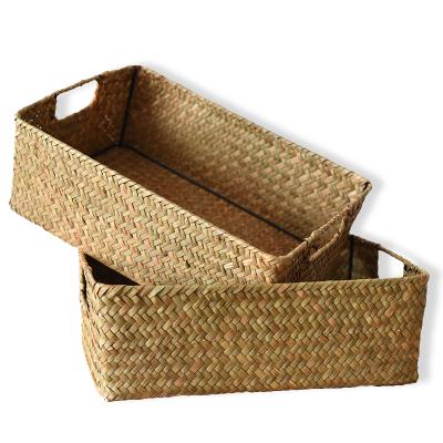 China Straw Friendly Home Decoration Daily Eco Rattan Storage Baskets Sea Viable Rectangular Grass Material Natural Cosmetics Baskets for sale