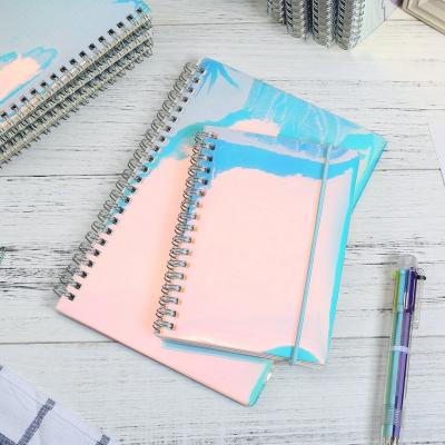 China Colorful Shiny Books Student Spiral Colorful Bow Rain Film Laser Transparent Spiral Binding Notebook With Elastic Bandage for sale