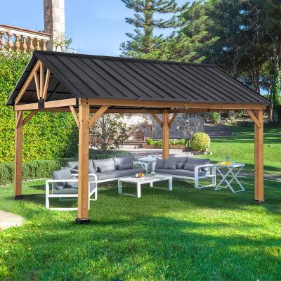 China Modern Outdoor Furniture 13' Gazebo Cedar Framed Outdoor Pavilion Solid Wood Patio Cabana x11 with Black Steel Gable Hardtop Roof 12' x 10' View for sale