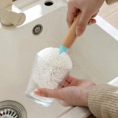 China 3 Pcs Sustainable Household Cleaning Tools With Bamboo Handle Wine Decanter Cleaning Brush Bottle Scourer for sale