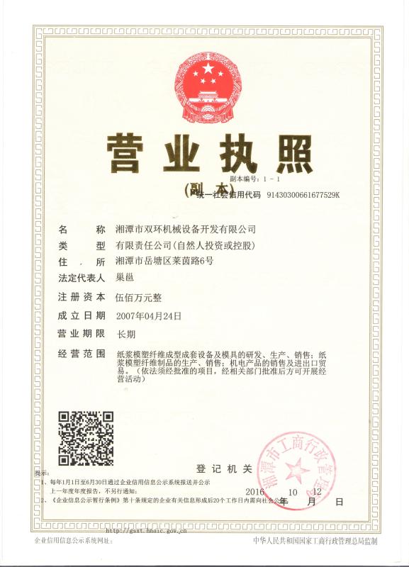 Business License - Xiangtan Shuanghuan Machinery Development Co., Ltd.