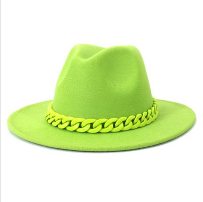 China Dobby Fedora Hats Women Wholesale England 2021 style brim Fedora Hats With Metal Chain church and party men and women wide for sale