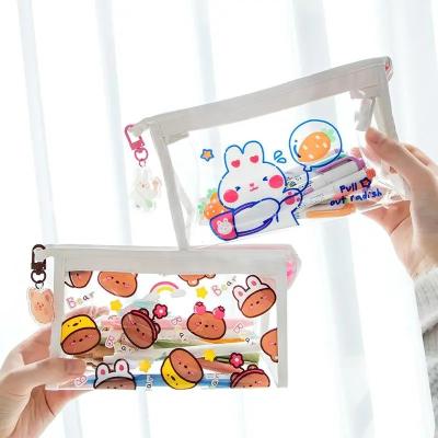 China New High Quality Women Cardboard Pattern PVC Clear Makeup Bag Cute Fashion See Through Stand Up Pouch Transparent Cosmetic Bag For Girls for sale