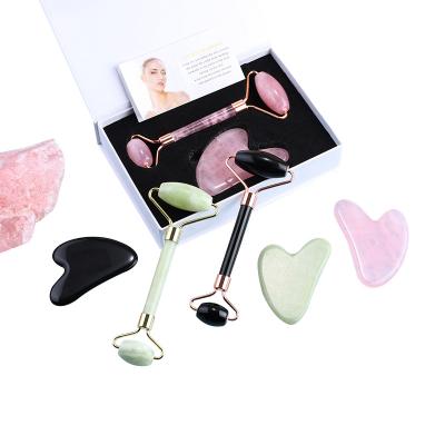 China Face Lift Rose Quartz and Natural Pink Obsidian Green Jade Roller Gua Sha Massager Set Jade and Black and Black Green Gua Sha Roller Wholesale for sale