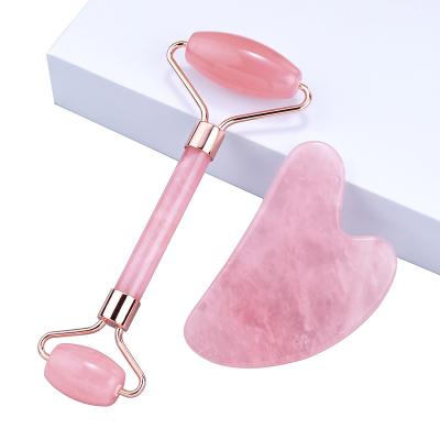 China Hottest Popular Rose Quartz Roller Gua Sha Set Custom Logo Massage Rose Jade Roller Gua Sha Stone Jade Face Roller for sale