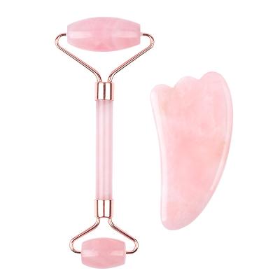 China Factory Direct Face Lift Rose Quartz Roller Gua Sha Set Rose Jade Roller Gua Sha Face Body Skin Massager With Stone Manufacturer Wholesale for sale