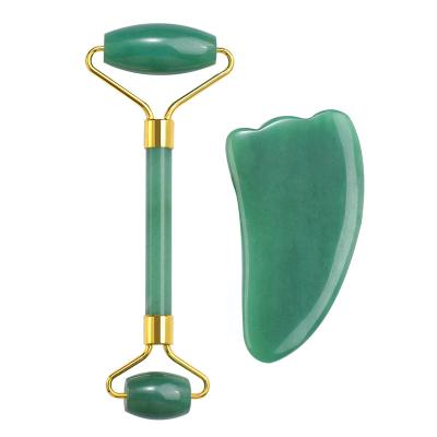 China Horn Shape Green Jade Roller Gua Sha Set Green Aventurine Jade Roller Massager Wholesale Face Lift Facial For Body Care for sale