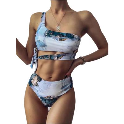 China Designer High Waisted QUICK DRY Elegant Beach Summer Marble Printed Elastic Swim Surfing Bikini for sale