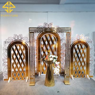 China New Fashionable Wedding Decorations Design Gold PVC Stand Set Stainless Steel Arch Wedding Backdrop Decor Background Wall for sale