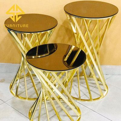 China New arrival modern mirror furniture top shiny gold/silver stainless steel cake tables wedding pedestal decor for sale