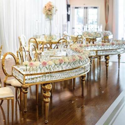 China (Other) S-shaped or half-moon wedding adjustable glass dining table with chairs half-moon table wedding transparent serpentine table for sale