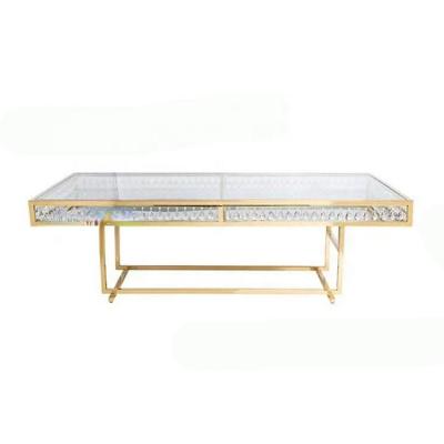 China 2023 Contemporary Modern Crystal Design Rectangular Banquet Hall Event Gold Stainless Steel Wedding Dining Table With Mirrored Glass Top for sale